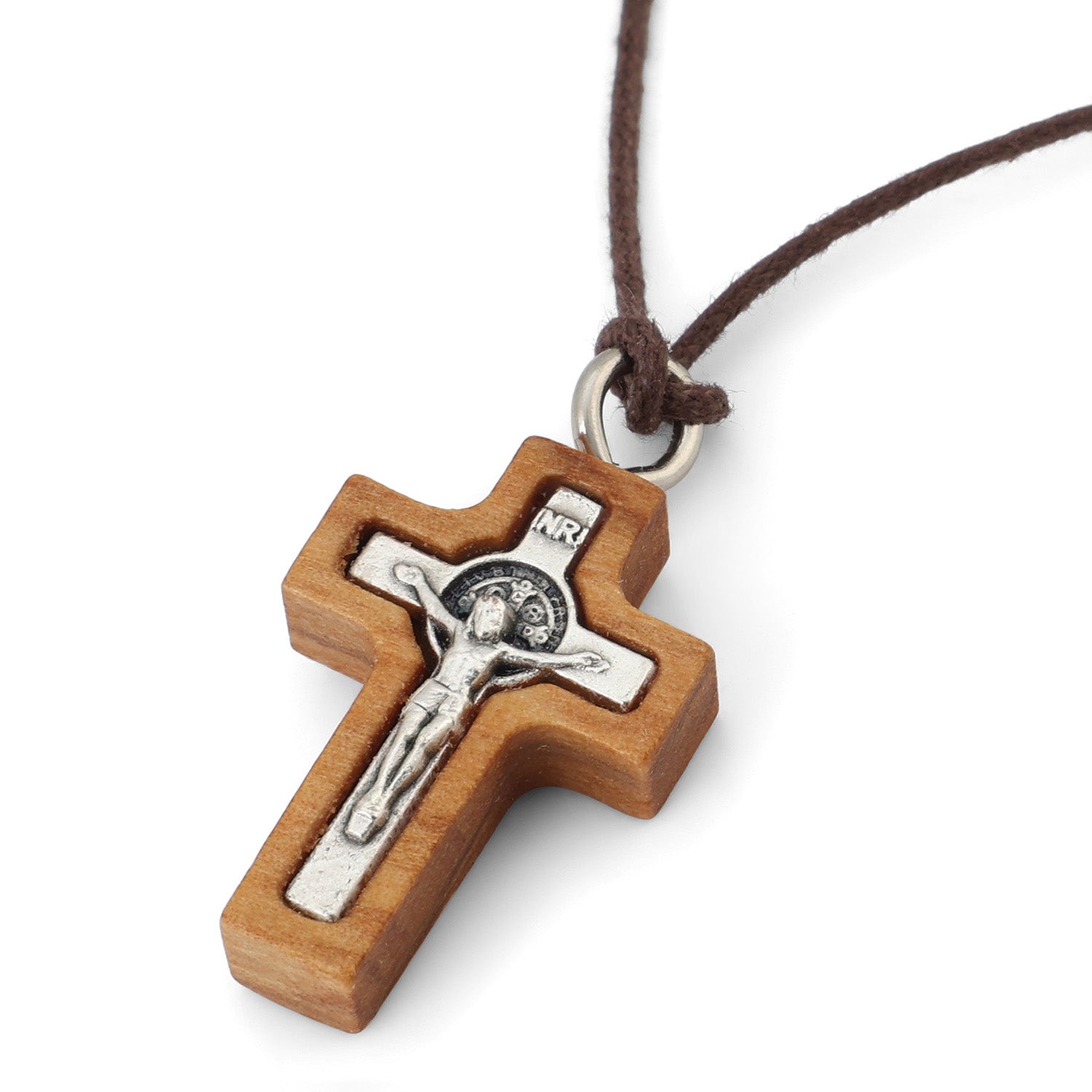 Plain-Frame Saint Benedict Crucifix Pendant Necklace in Olive Wood by Marina Jewelry (view 2)