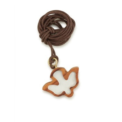 Olive wood Holy Spirit dove pendant with a white inlaid center on a brown cord, by Marina Jewelry