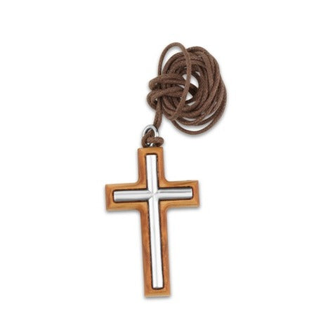 Inlaid Silver-Tone Cross Pendant Necklace in Olive Wood - close-up