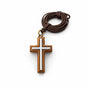 Olive wood cross pendant with an inlaid silver-tone cross on a brown cord, by Marina Jewelry