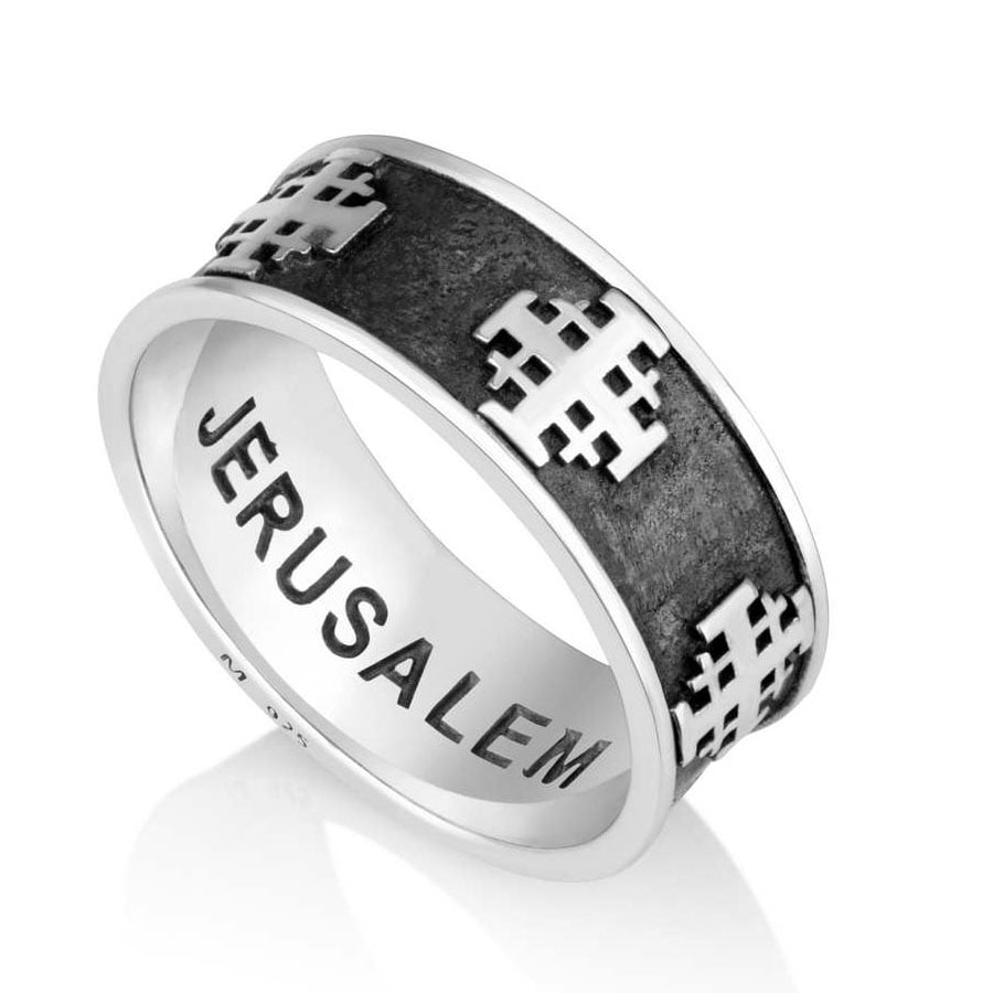 Oxidized Jerusalem Cross Band Ring in 925 Sterling Silver by Marina Jewelry