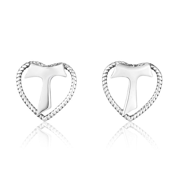Tau Cross Heart Stud Earrings in 925 Sterling Silver by Marina Jewelry