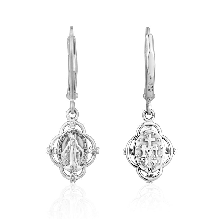 Ornate Miraculous Medal Drop Earrings in 925 Sterling Silver
