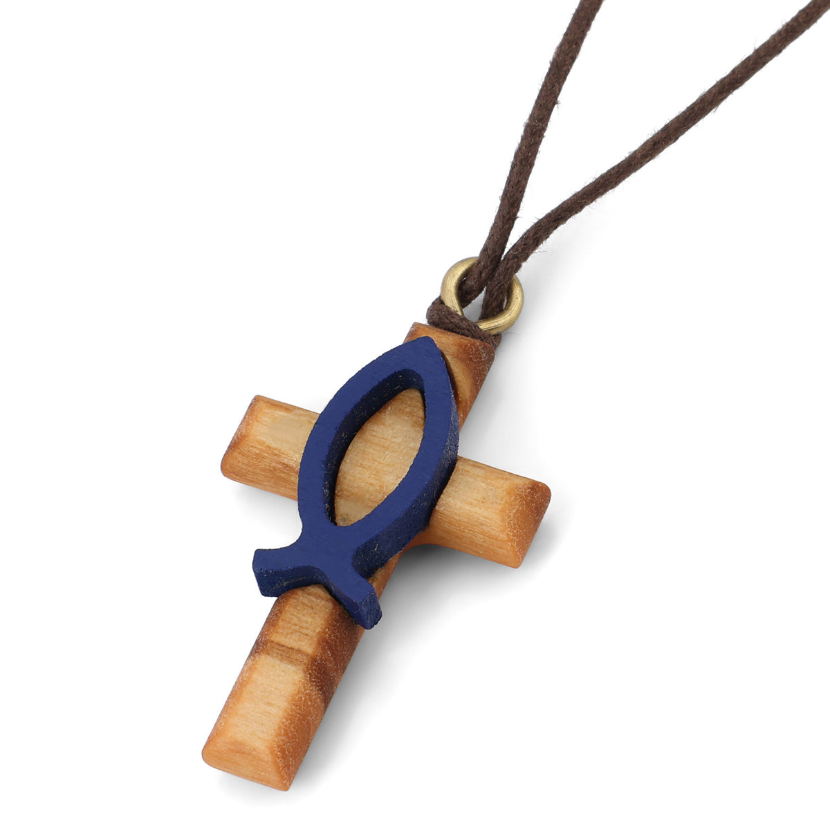 Blue Ichthys Latin Cross Pendant Necklace in Olive Wood
