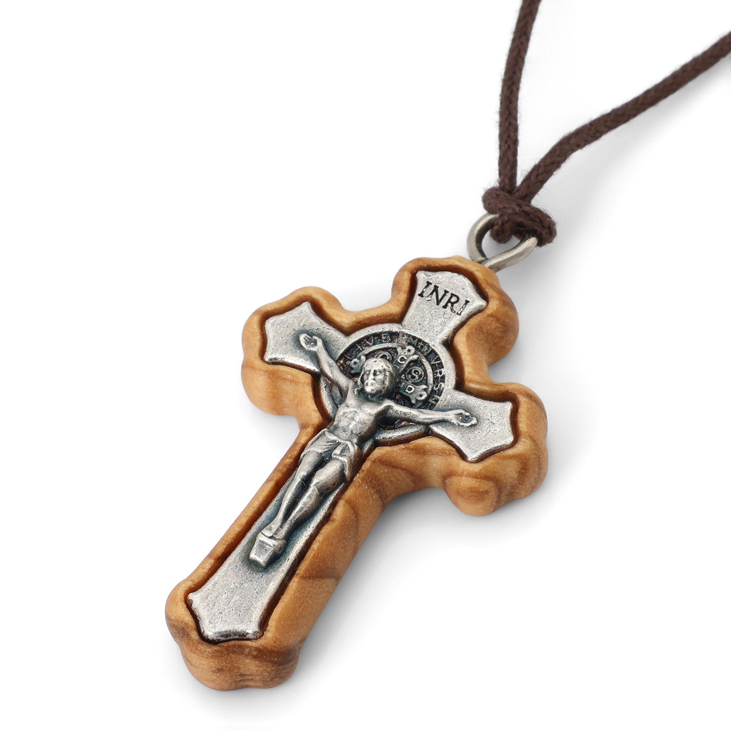 Saint Benedict Crucifix Pendant Necklace in Olive Wood by Marina Jewelry (view 2)
