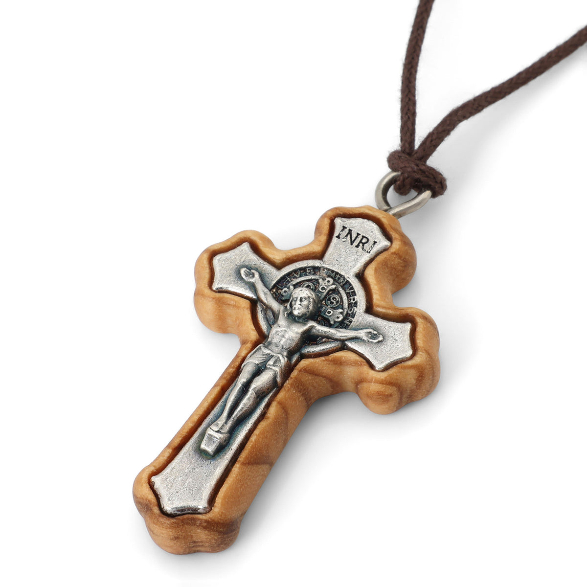 Saint Benedict Crucifix Pendant Necklace in Olive Wood