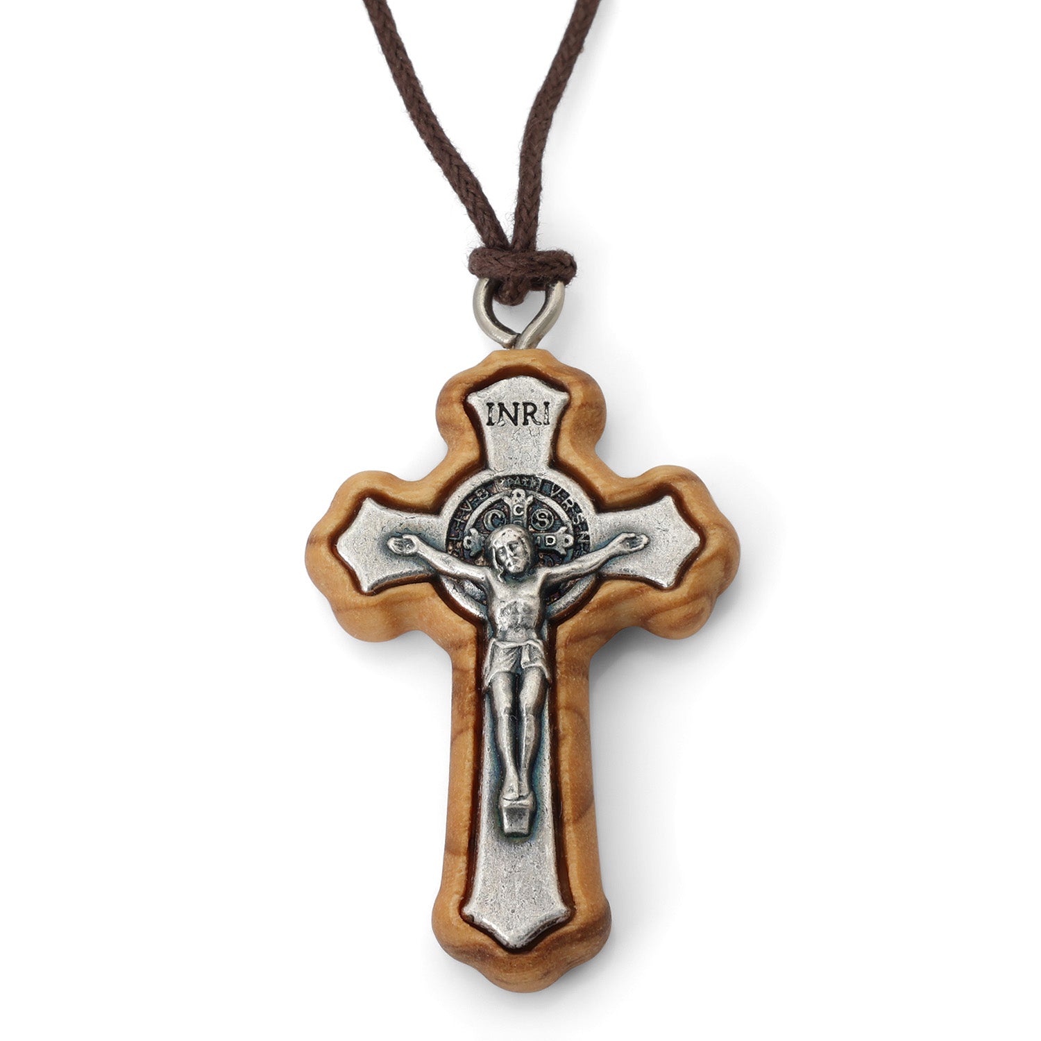 Saint Benedict Crucifix Pendant Necklace in Olive Wood by Marina Jewelry