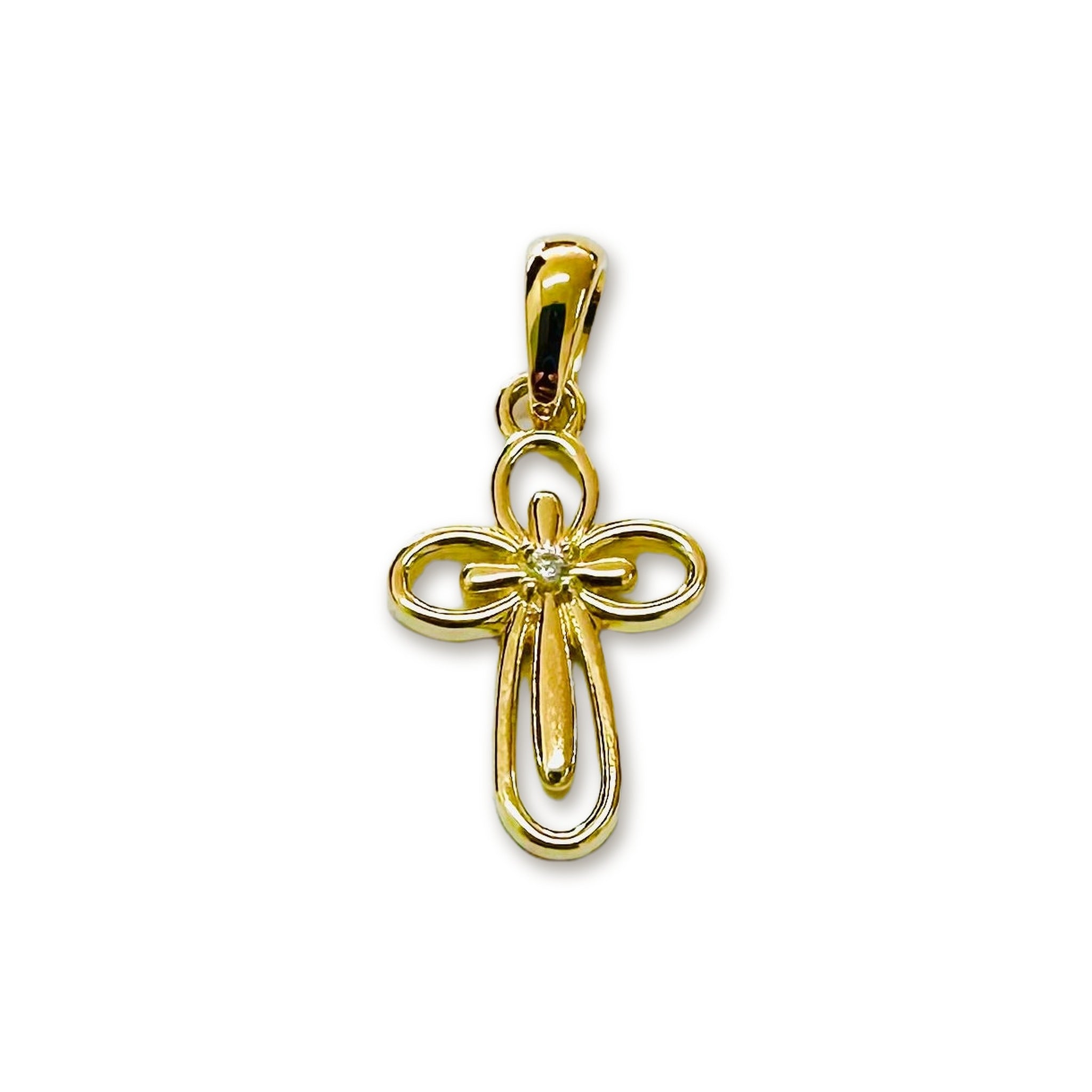 14K yellow gold open loop cross pendant with a cubic zirconia center, lying flat on a white surface, by Marina Jewelry
