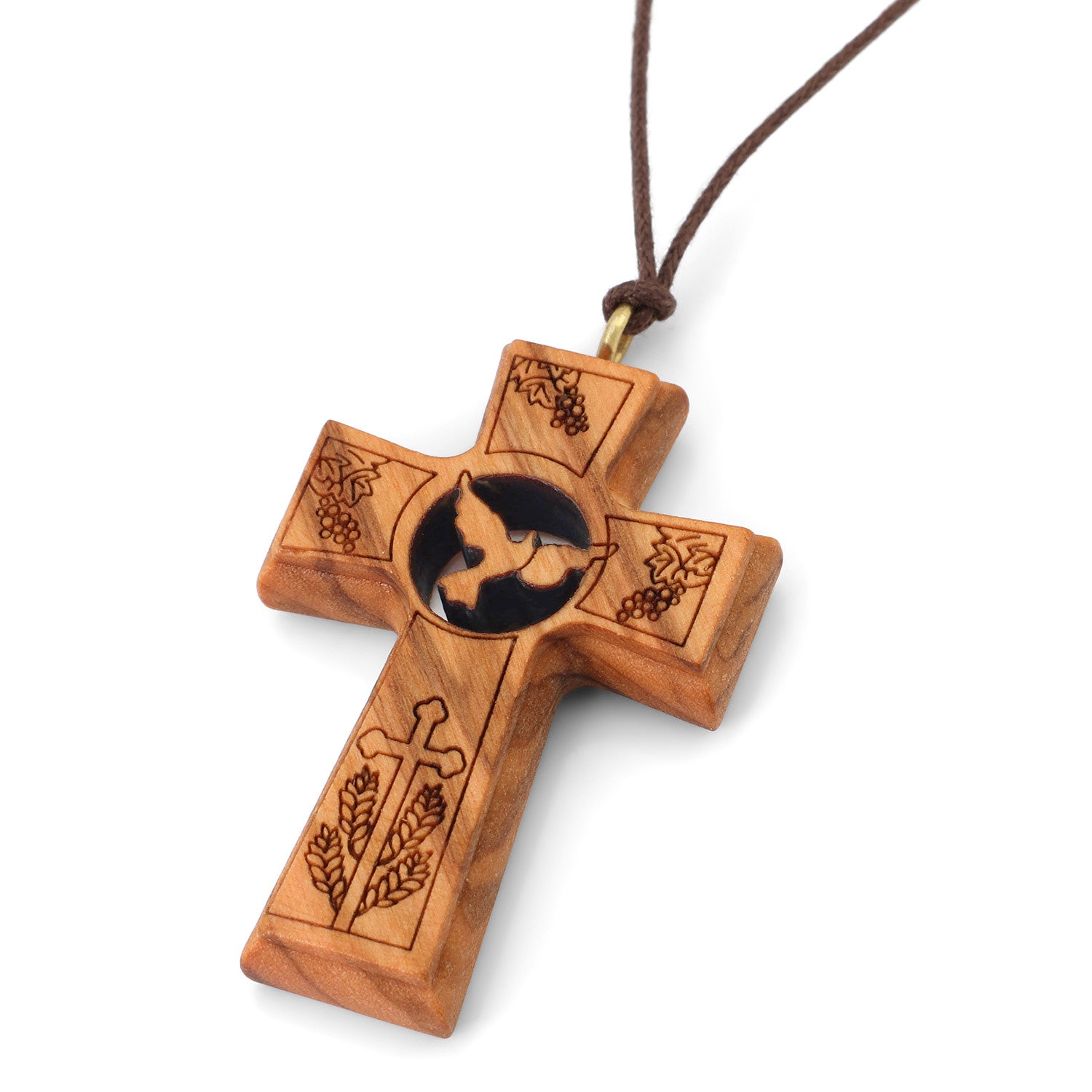 Dove Latin Cross Pendant Necklace in Olive Wood