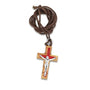 Olive wood crucifix pendant with a red inlaid cross and silver-tone figure of Christ, by Marina Jewelry