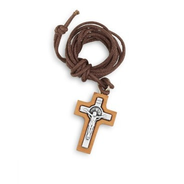 Slim Saint Benedict Crucifix Pendant Necklace in Olive Wood - close-up