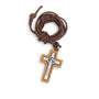 Slim Saint Benedict Crucifix Pendant Necklace in Olive Wood - close-up