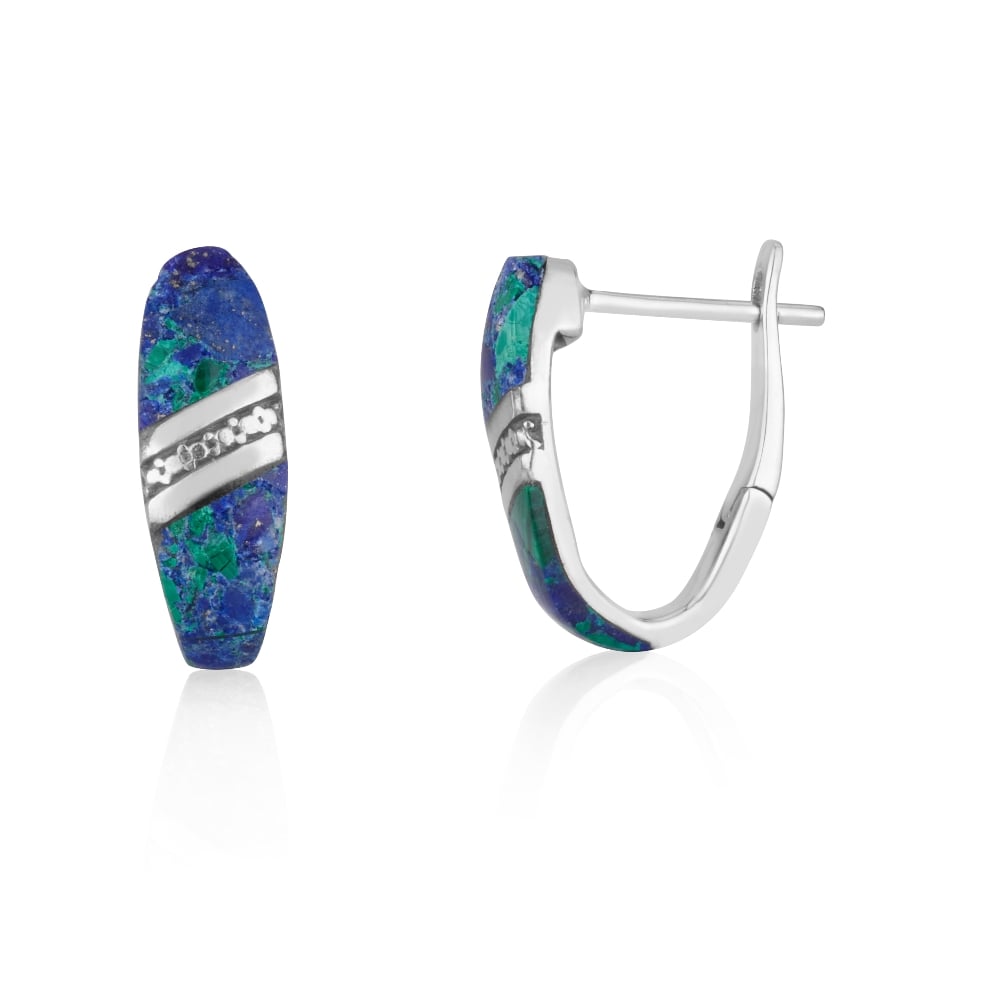 Sloped Diamond Pattern Eilat Stone Hoop Earrings in 925 Sterling Silver by Marina Jewelry