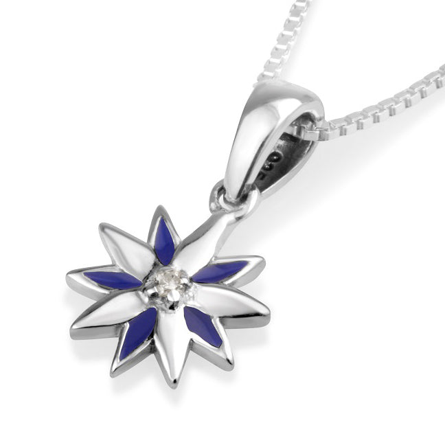 Star of Bethlehem pendant necklace with blue enamel and cubic zirconia center, 925 sterling silver