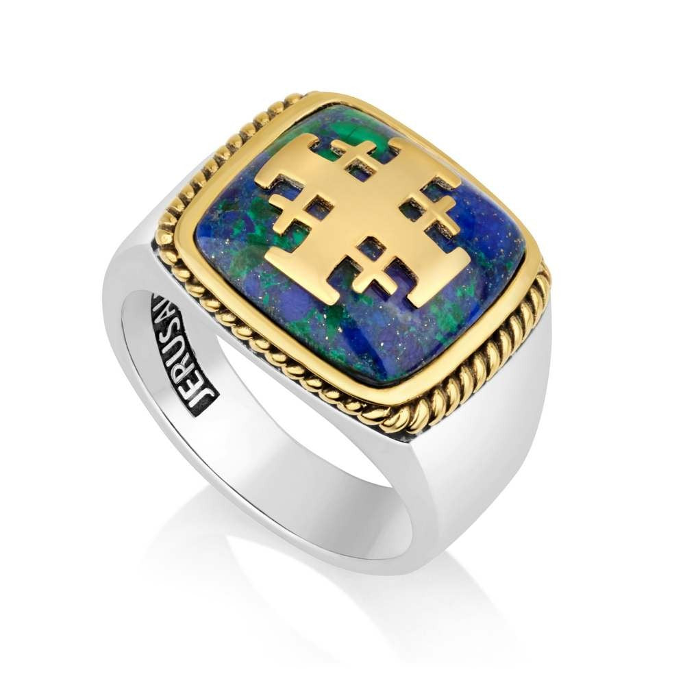 Men's Eilat Stone Jerusalem Cross signet ring with gold-plated cross and rope frame by Marina Jewelry