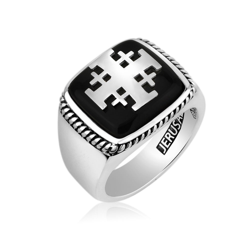Men's black onyx Jerusalem Cross signet ring with rope frame in sterling silver by Marina Jewelry
