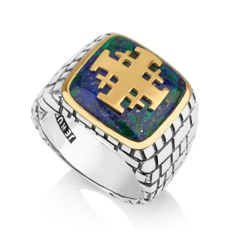 Men's Eilat Stone Jerusalem Cross ring with gold-plated cross and stone-wall shoulders by Marina Jewelry