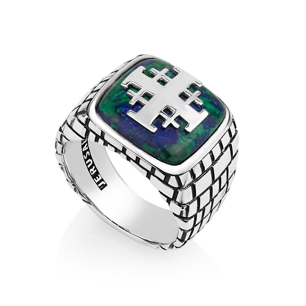Men's silver Eilat Stone Jerusalem Cross signet ring with stone-wall shoulders by Marina Jewelry