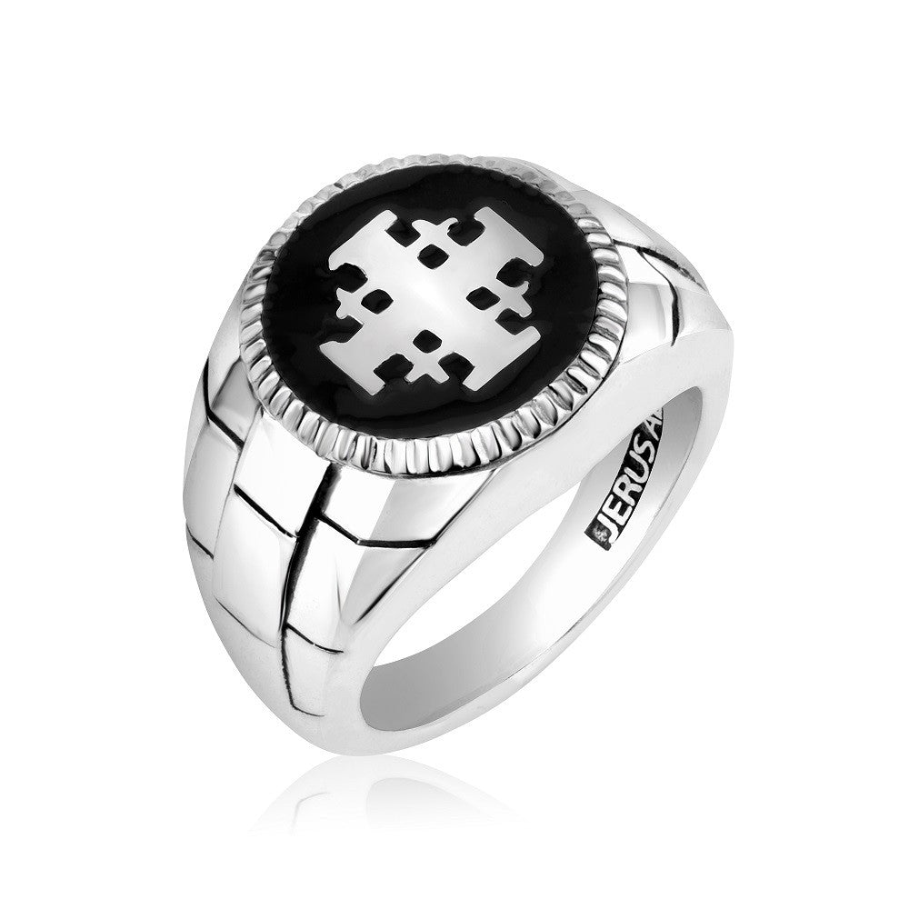 Men's round black enamel Jerusalem Cross signet ring in sterling silver by Marina Jewelry