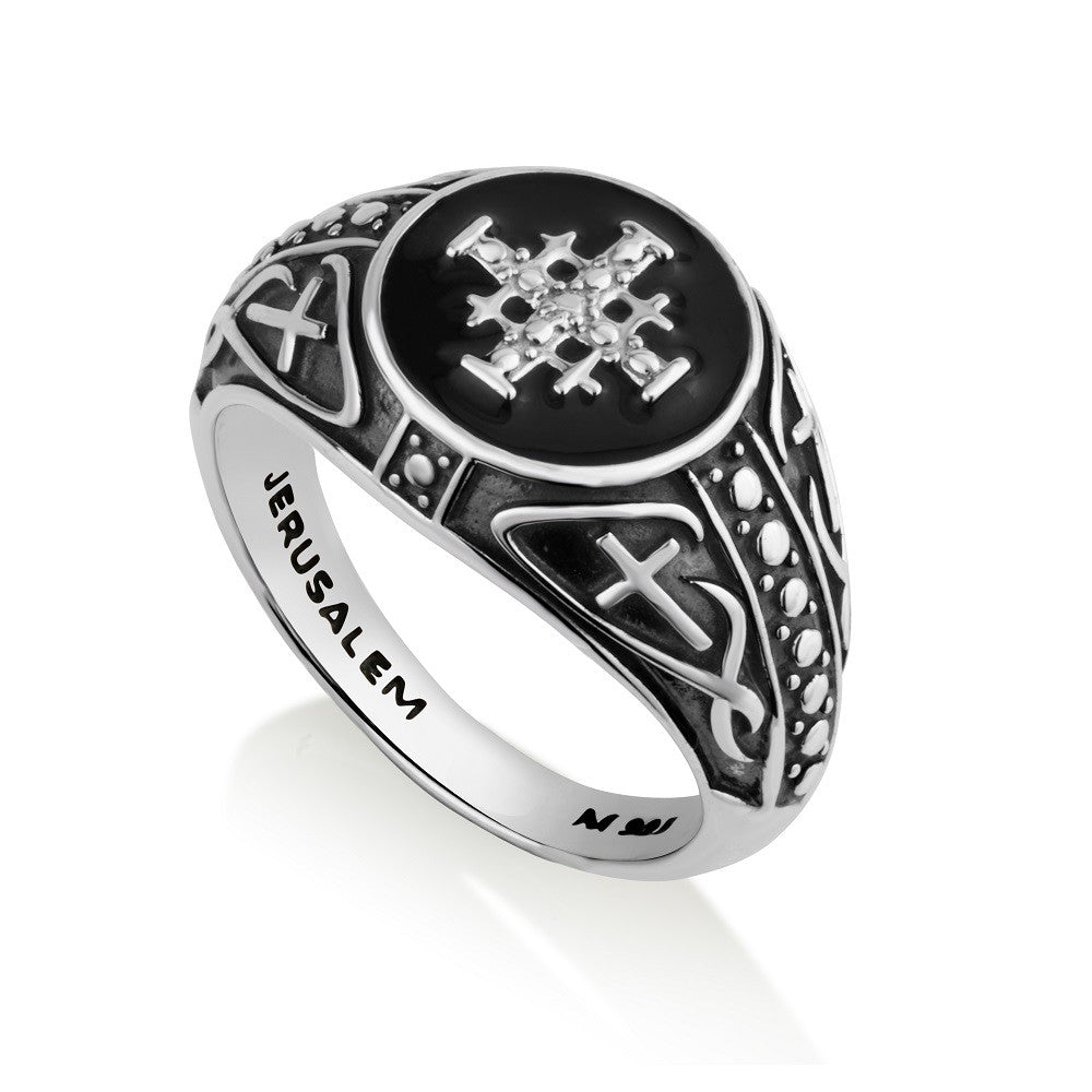 Men's oxidized Jerusalem Cross signet ring with black enamel face by Marina Jewelry