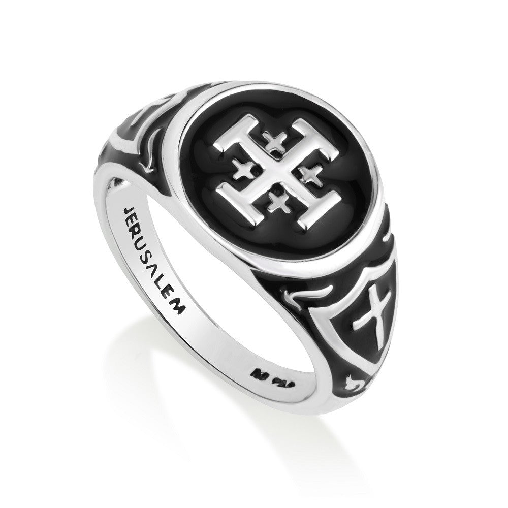 Men's black enamel Jerusalem Cross signet ring with cross-shield shoulders by Marina Jewelry