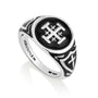 Men's black enamel Jerusalem Cross signet ring with cross-shield shoulders by Marina Jewelry