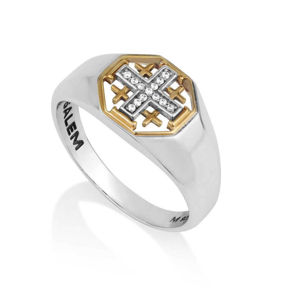 Jerusalem Cross signet ring with Cubic Zirconia in a gold-plated octagon frame by Marina Jewelry