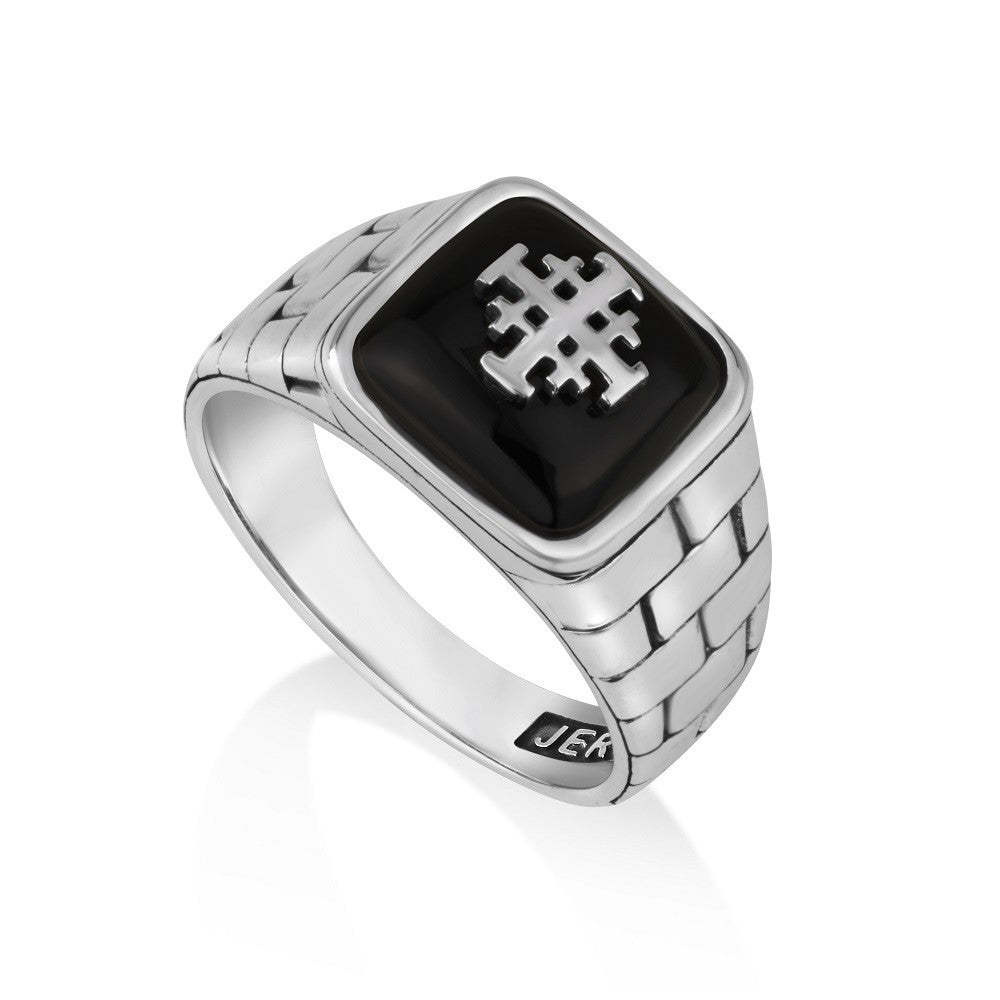 Men's cushion black onyx Jerusalem Cross signet ring by Marina Jewelry